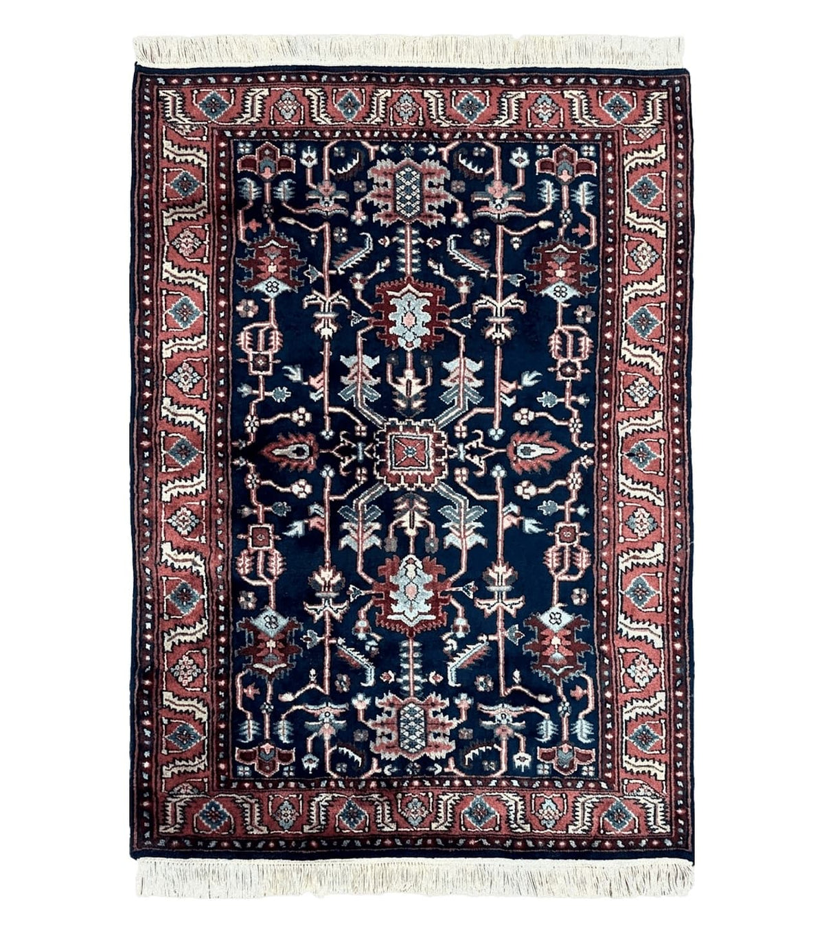 4x6 Vintage Handmade Wool Geometric Rug Organic Dyes Blue Red Hand-Knotted Rug - Jewel Rugs