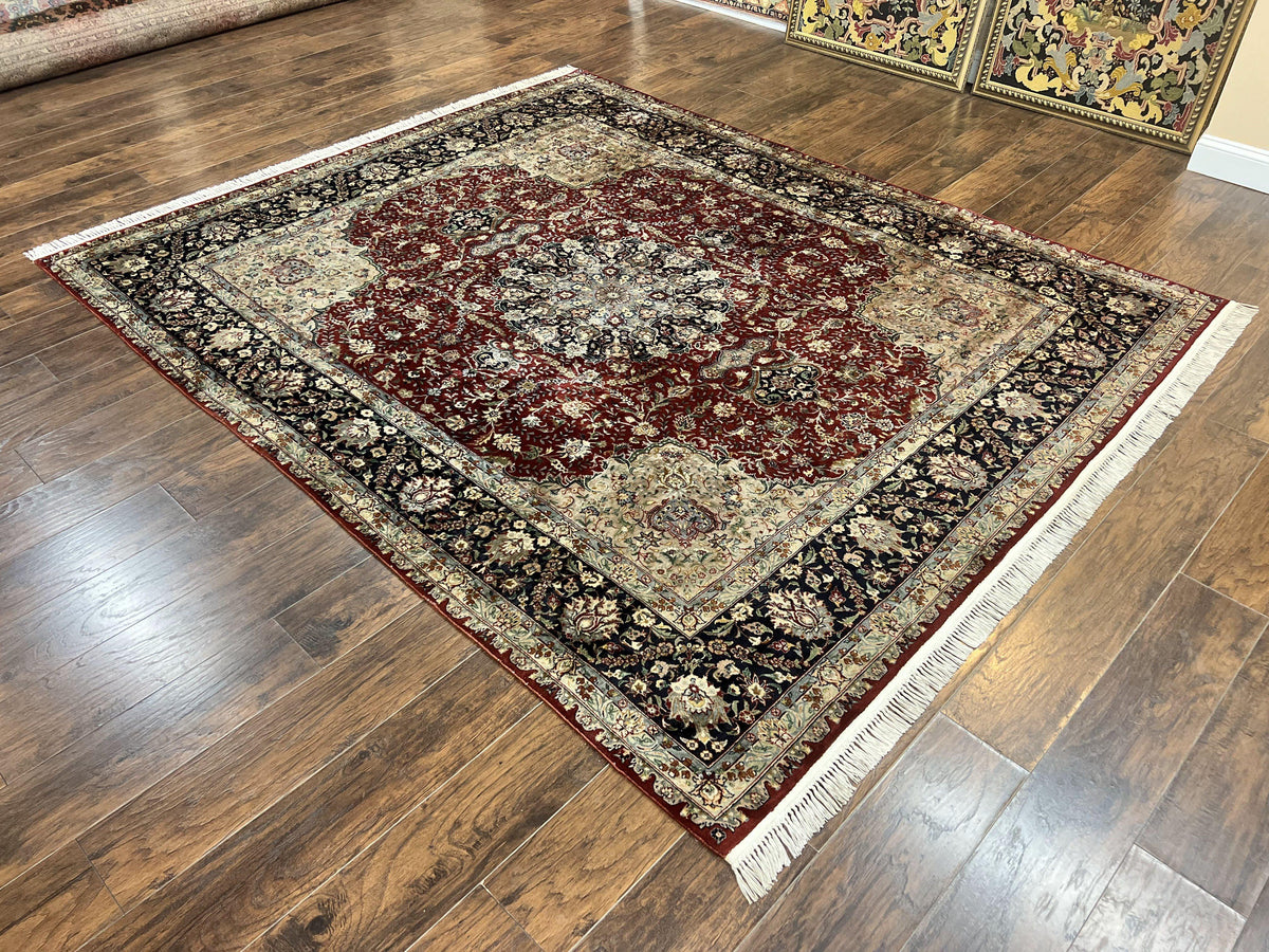 Pak Persian Rug 8x10, Wool Hand Knotted Vintage Carpet, Dark Red & Navy Blue, Dome Design Floral Medallion Rug, 8 x 10 Oriental Rug - Jewel Rugs, view 12