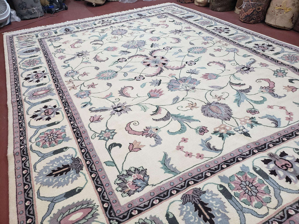 Ivory & Teal Indo Persian Area Rug 9x12, Wool Hand-Knotted Oriental Carpet, 9 x 12 Soft Traditional Living Room Rug, Dining Room Rug - Jewel Rugs, view 2