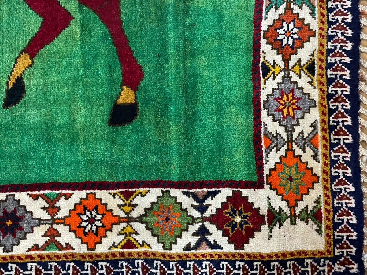 4 X 7 Handmade Rug Zagros Quality Wool Pictorial Horses Green Butterfly Colorful - Jewel Rugs, view 11