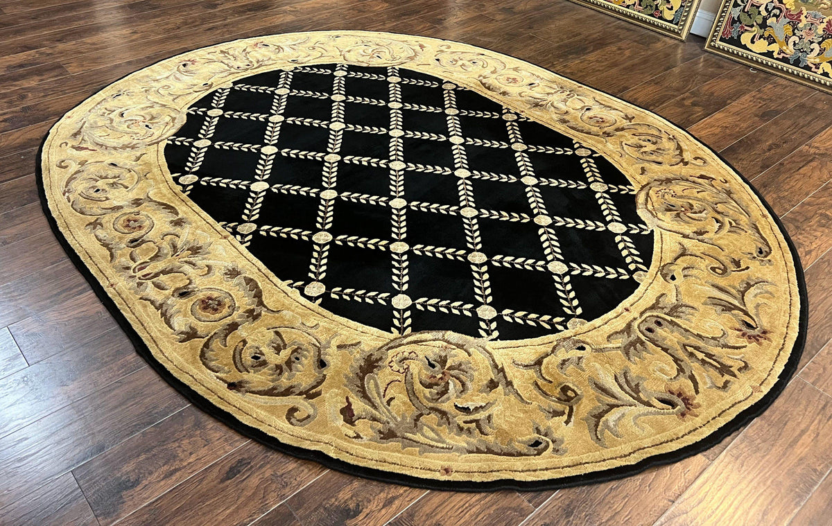 Oval Tibetan Rug 8x10, French Aubusson Design, Wool Handmade Vintage Carpet, Black & Beige, Soft Wool Pile - Jewel Rugs, view 13