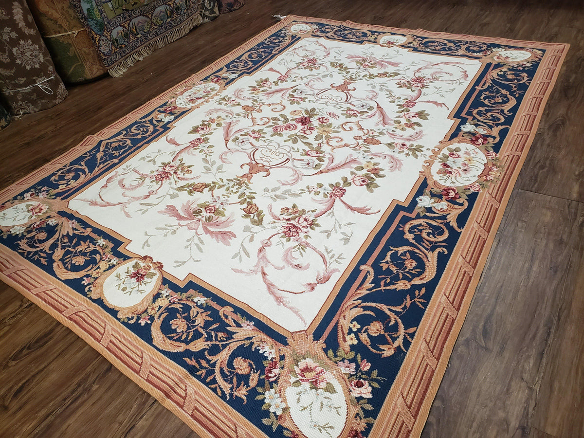 Chinese Aubusson Savonnerie Area Rug 6x8, Vintage Hand-Woven Needlepoint Rug, Flat Weave Handmade Wool Carpet Living Room Ivory & Navy Blue - Jewel Rugs, view 11
