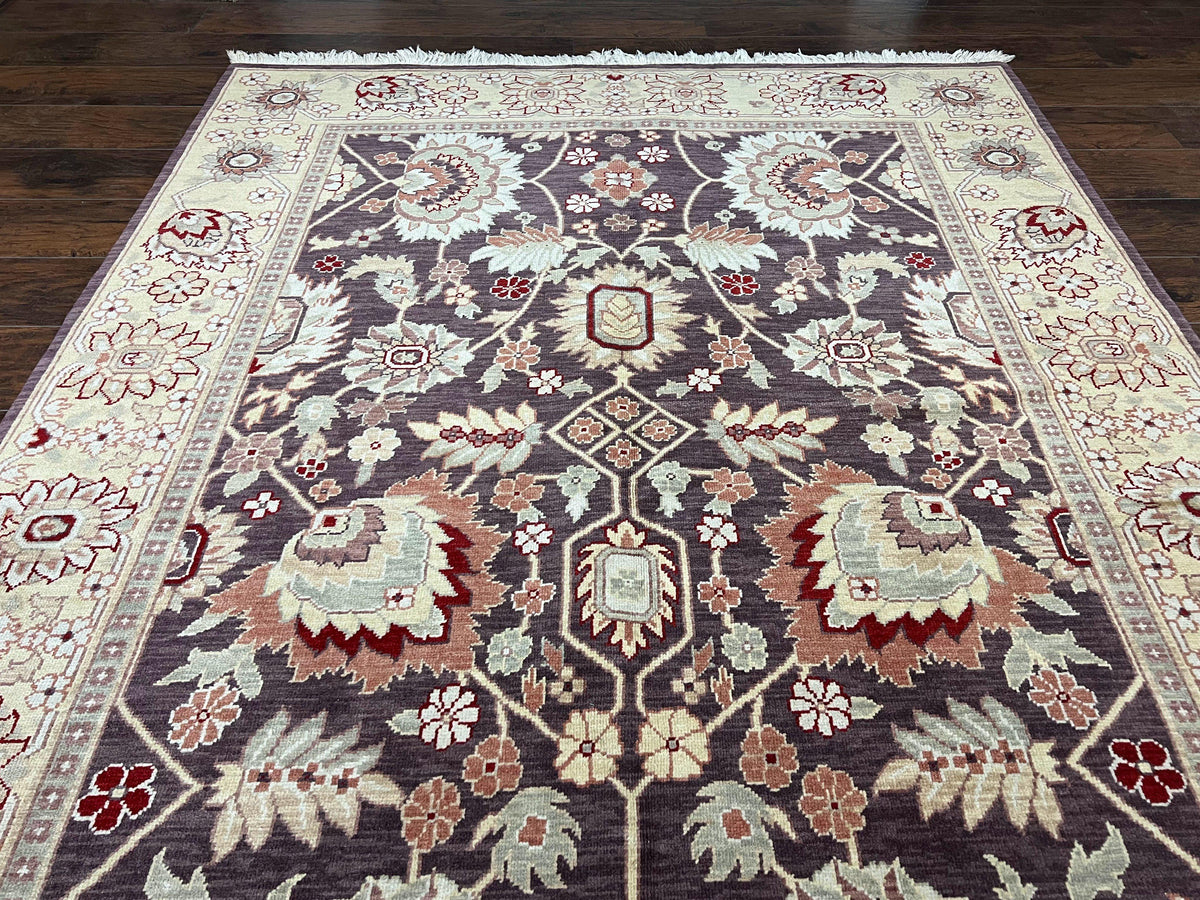 Vintage Indo Mahal Area Rug 6x9, Indian Persian Oriental Carpet 6 x 9, Puce Eggplant Tan Beige Rug, Hand-Knotted, Large Floral Design Wool - Jewel Rugs, view 13
