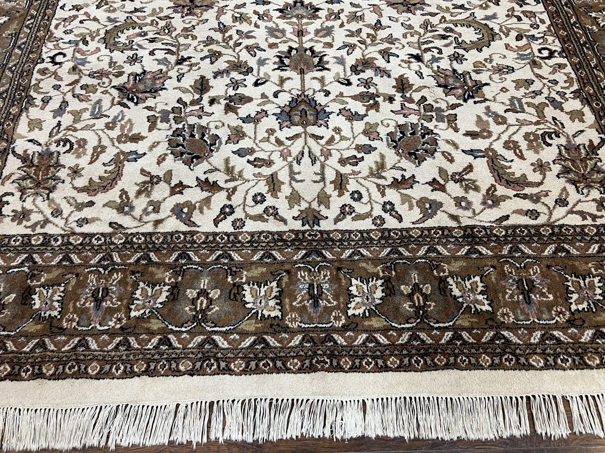 Indo Kirman Rug 8x12 Allover Floral Design, Ivory/Cream Brown, Vintage Handmade Hand Knotted Rug, Traditional Wool Persian Carpet 8 x 12 - Jewel Rugs, view 6