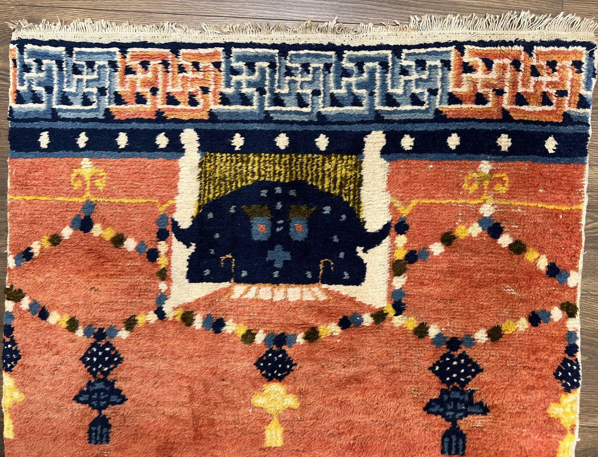 Rare Chinese Ningxia Pillar Rug 3x8, Late Qing Dynasty, 5 Clawed Dragon, Cloud Rainbow Border, Collectible Antique Carpet, Wool Hand Knotted - Jewel Rugs, view 2