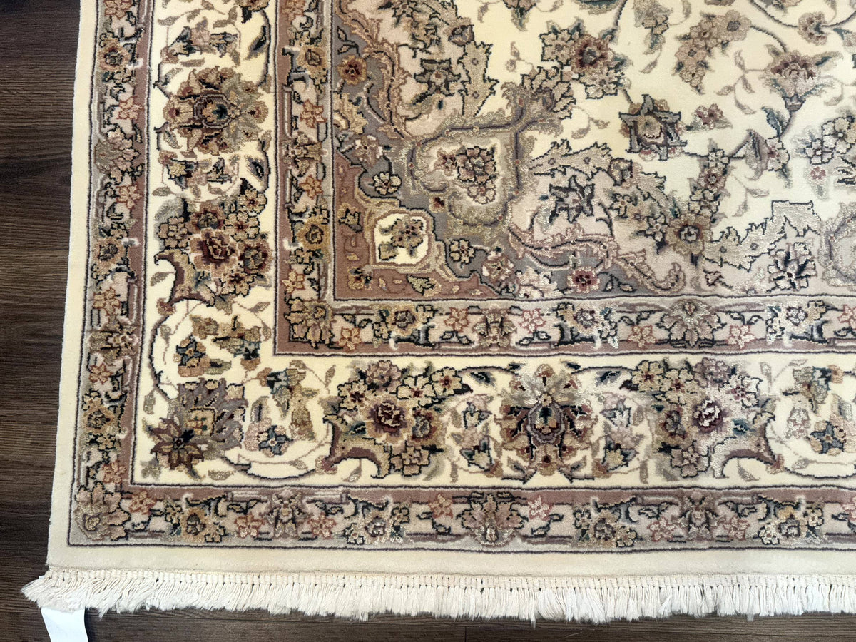 Sino Persian Rug 6x9, Floral Medallion, Ivory & Taupe, Wool with Silk Highlights, Fine 210 KPSI - Jewel Rugs, view 8
