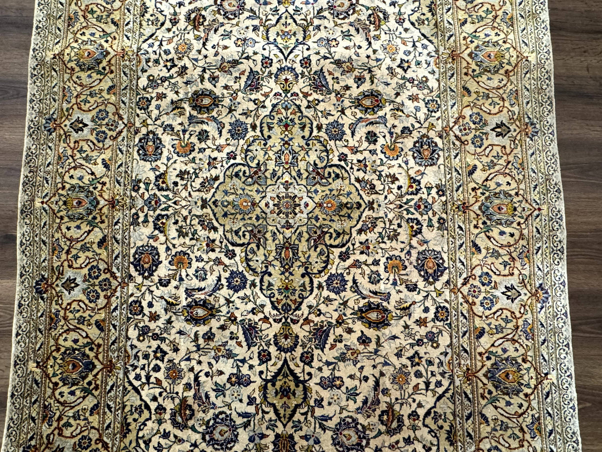 Rare Silk Persian Kashan Rug 4.6 x 7, Antique Fine 310 KPSI, Ivory - Jewel Rugs, view 4