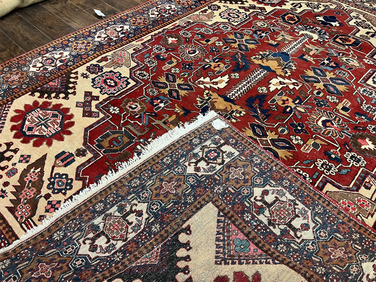 Antique Persian Heriz Rug 8x12 ft, Geometric Tribal Room Sized Carpet, Camel Hair Red Navy Blue, Wool Hand Knotted Medallion Oriental Carpet - Jewel Rugs, view 11
