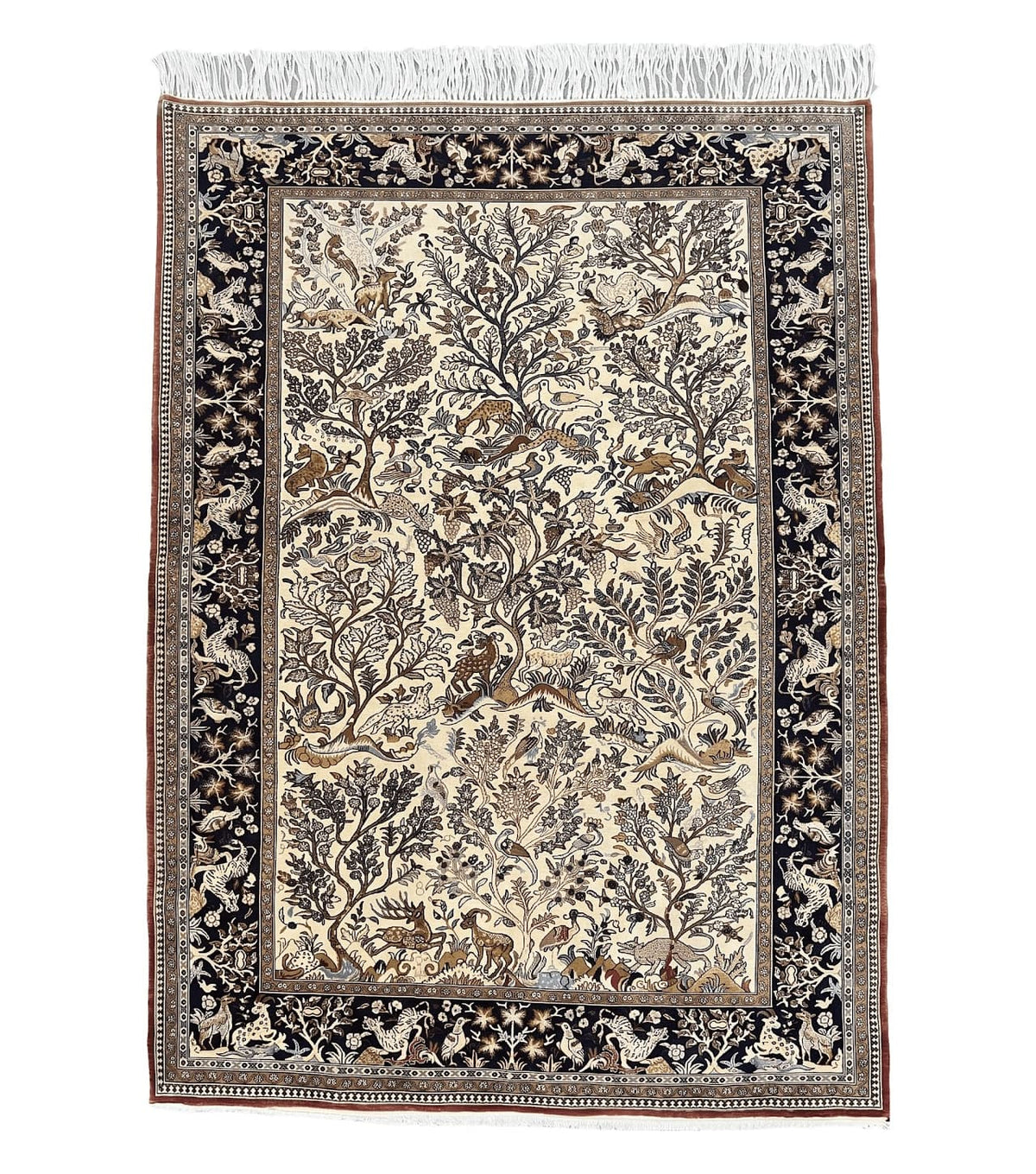Persian Qum Tree of Life Rug 5x7, Wool and Silk Highlights, Animal Motifs, Vintage Hand Knotted Handmade Cream & Black Fine Oriental Carpet - Jewel Rugs