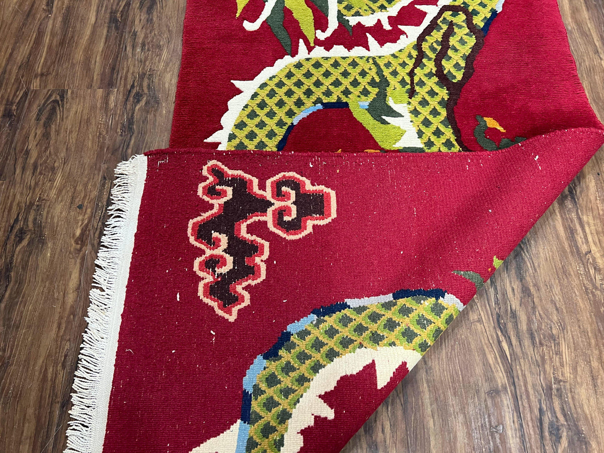 Vintage Chinese Dragon Rug 3 x 6.8, Handmade Hand Knotted Red Chinese Carpet with Gold Dragon, Art Deco Peking Soft Chinese Rug Runner - Jewel Rugs, view 12