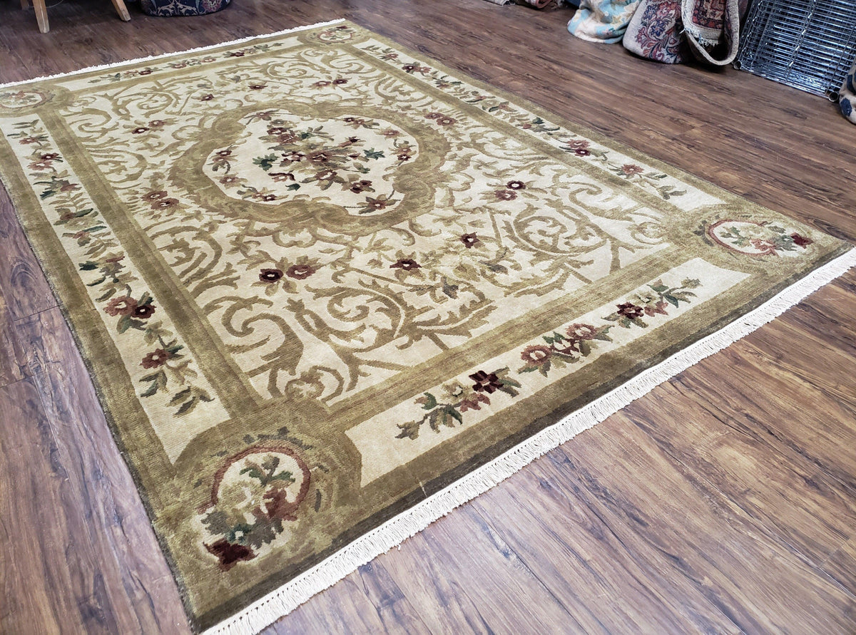 Vintage Nepali Tibetan Aubusson Rug 6x9, Wool Hand-Knotted Cream Beige Carpet, Leaves & Floral Pattern 6 x 9 Soft Area Rug Home Office Rug - Jewel Rugs, view 12