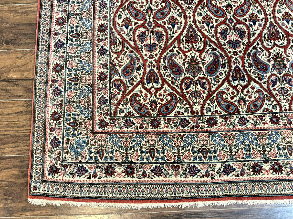 Unique Persian Qum Rug 5x7, Repeated Paisely Boteh Design, Ivory Red Blue, Handmade Antique Wool Persian Carpet, Finely Hand Knotted - Jewel Rugs, view 9
