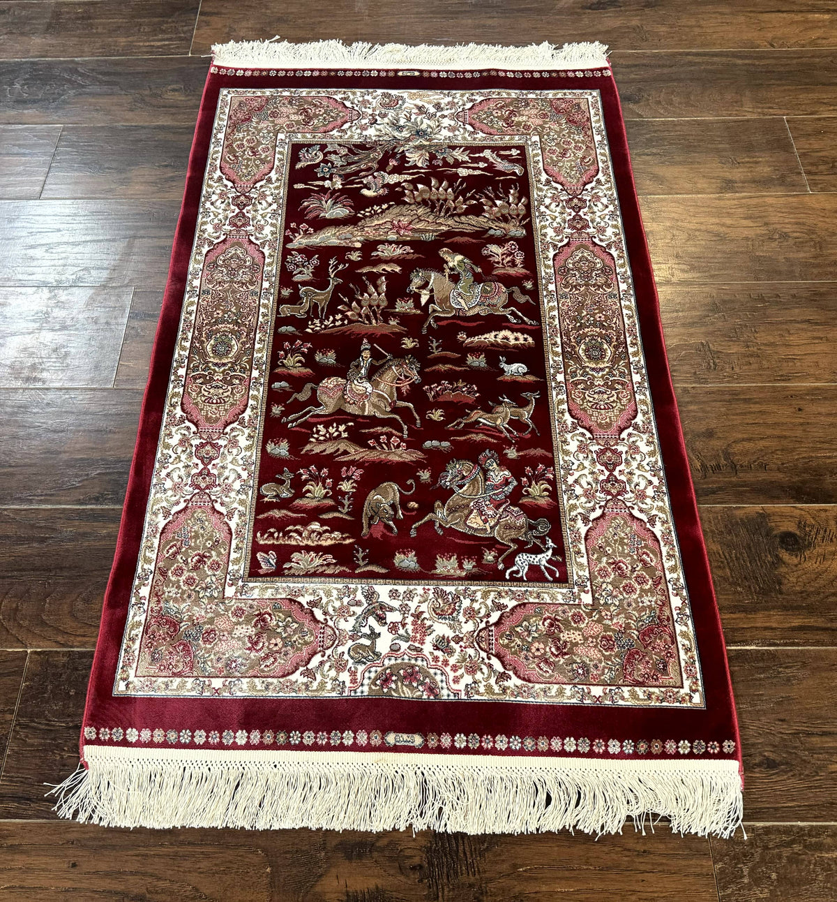 Dark Red Turkish Silk Rug 2.6 x 4, Hunting Design Scene, Bamboo Silk - Jewel Rugs, view 2