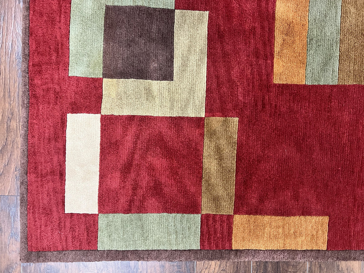Indo Tibetan Modern Rug 5x8, Abstract Rug 5 x 8 ft, Red Multicolor Wool Handmade Contemporary Area Rug - Jewel Rugs, view 9