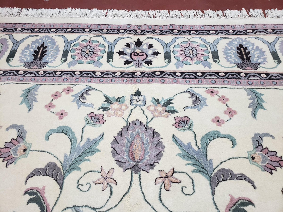 Ivory & Teal Indo Persian Area Rug 9x12, Wool Hand-Knotted Oriental Carpet, 9 x 12 Soft Traditional Living Room Rug, Dining Room Rug - Jewel Rugs, view 12