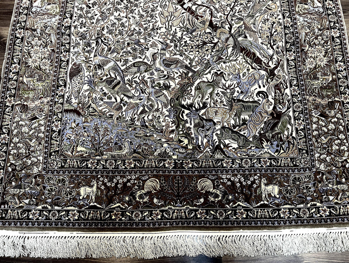 Persian Isfahan Rug 5x8 - Tree of Life, Animal Pictorials, Kork Wool & Silk - Jewel Rugs, view 5