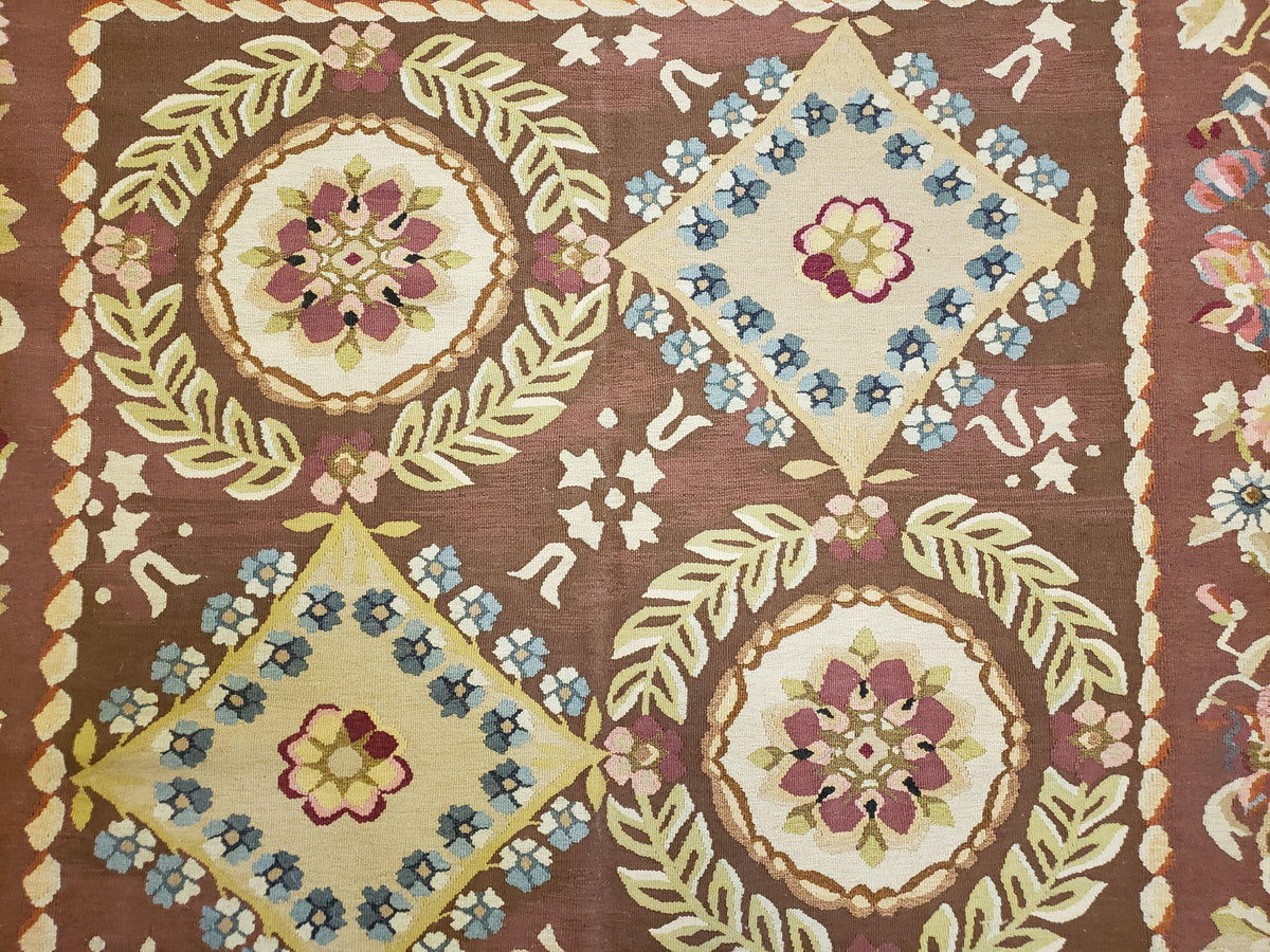 Aubusson Rug 6 x 9 Flat Weave Area Carpet European Design Flowers New Brown Rug Handmade Wool Hand-Knotted Aubusson Weave Medium Rug 6x9 - Jewel Rugs, view 5
