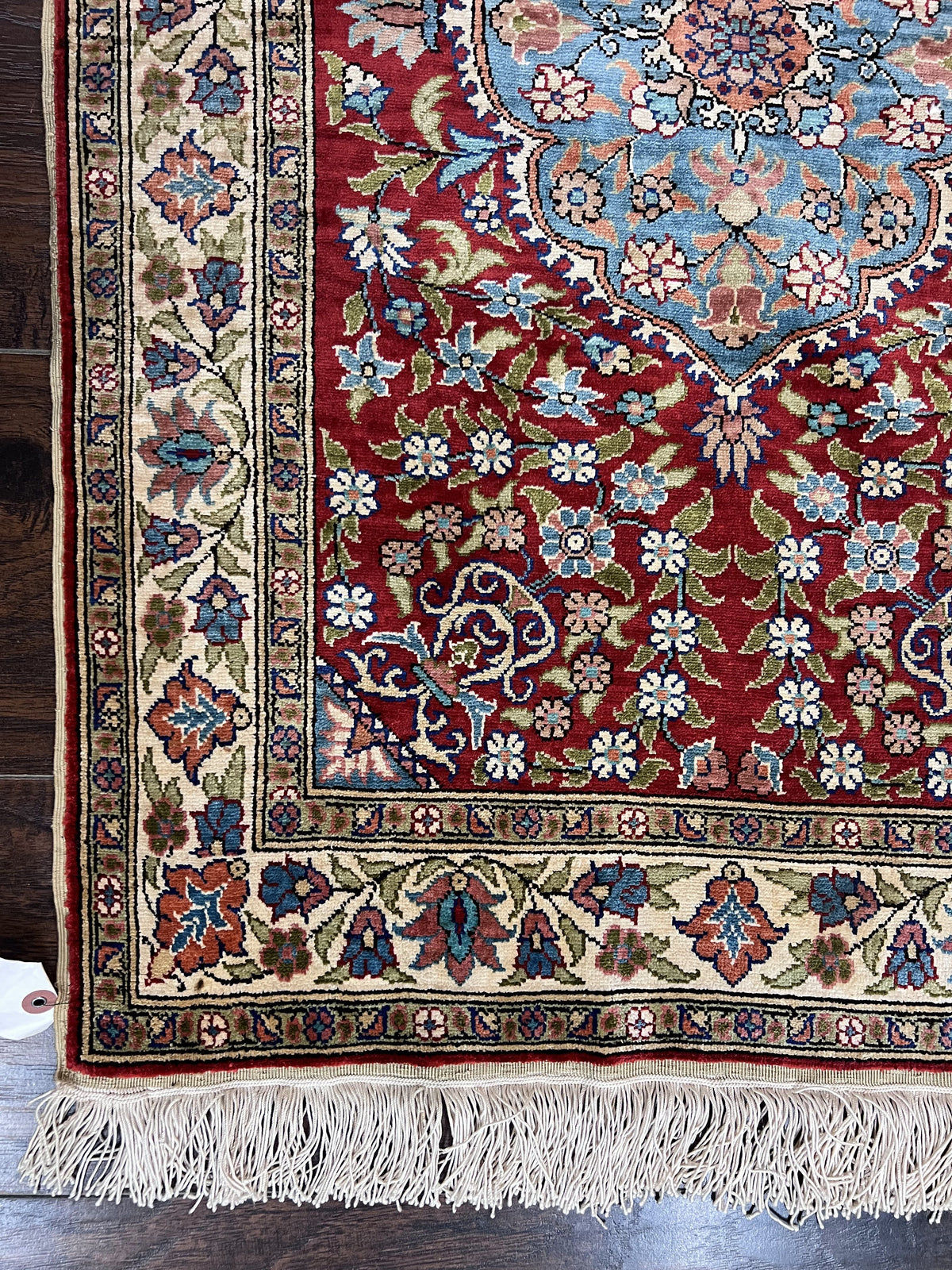 Silk Turkish Kayseri Rug 2x3, Small All Silk Turkish Carpet, Red and Light Blue, Very Fine Hand Knotted Semi Antique Vintage Handmade Rug - Jewel Rugs, view 8