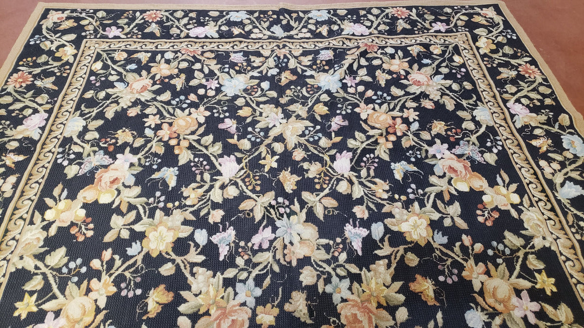 6x9 Vintage Needlepoint Rug, Petitepoint Carpet, Butterflies Floral Design - Jewel Rugs, view 12
