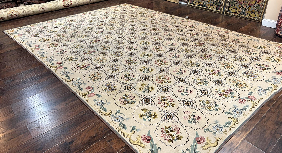 Needlepoint Rug 10x14, Wool Handmade Vintage Needlepoint Carpet, Floral Panel Design, Ivory/Cream - Jewel Rugs, view 3