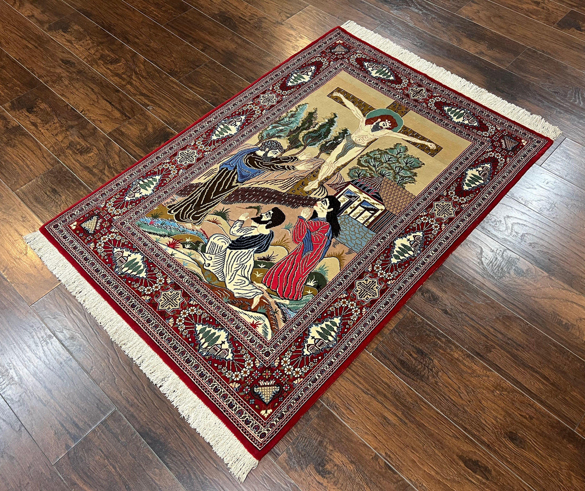 Persian Kashan Pictorial Rug 3x5 - Jesus on Cross - Jewel Rugs, view 2