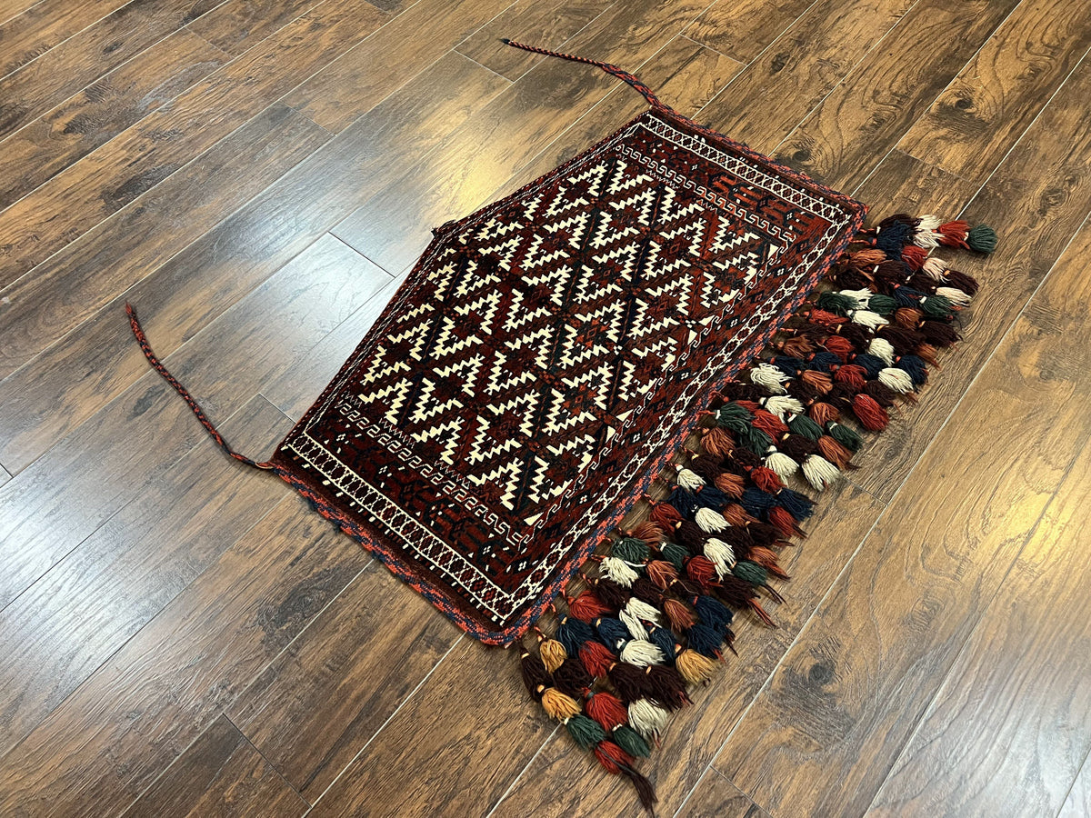 Antique Turkoman Camel Trapping, Turkoman Asmalyk, Red Black Ivory, Handmade, Hand Knotted Tribal Collectible Rug, Rare - Jewel Rugs, view 13