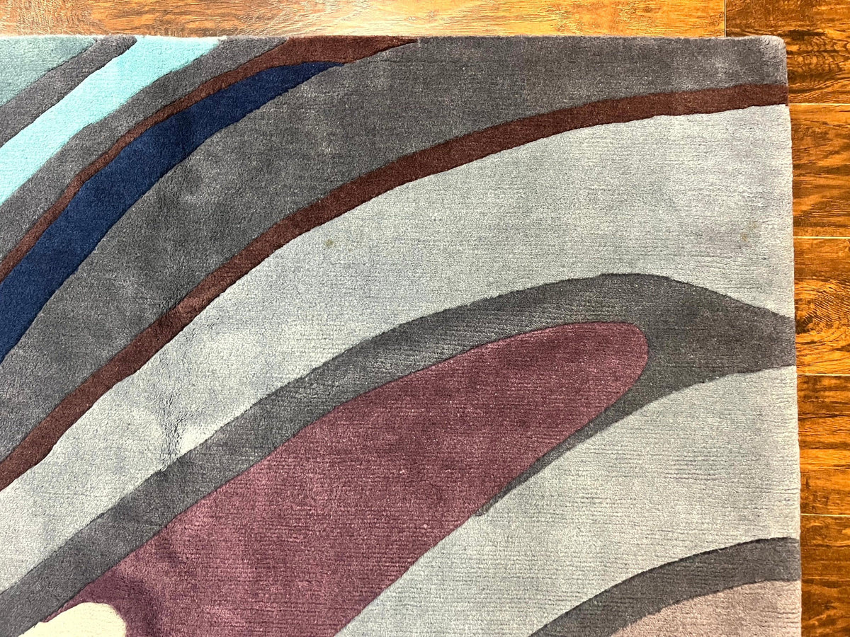 Modern Nepali Handmade Wool Rug 6x8, Blues Gray Mauve, Abstract, Nepali Tibetan Rug - Jewel Rugs, view 8