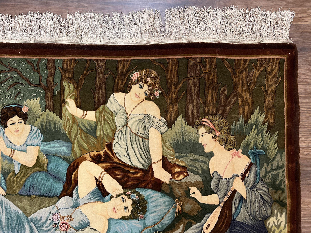 Persian Tabriz Pictorial Rug 5x3, Women Laying By River, Super Fine 60 Raj 480+ KPSI, Hand Knotted Wool Rug, Semi Antique Vintage Oriental Carpet - Jewel Rugs, view 7