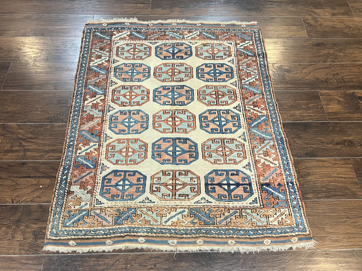 Turkish Kazak Rug 3x4, Wool Hand Knotted Handmade Vintage Carpet, Geometric Tribal Repeated Motif, Small 3 x 4 Antique Rug, Cream Red - Jewel Rugs, view 2