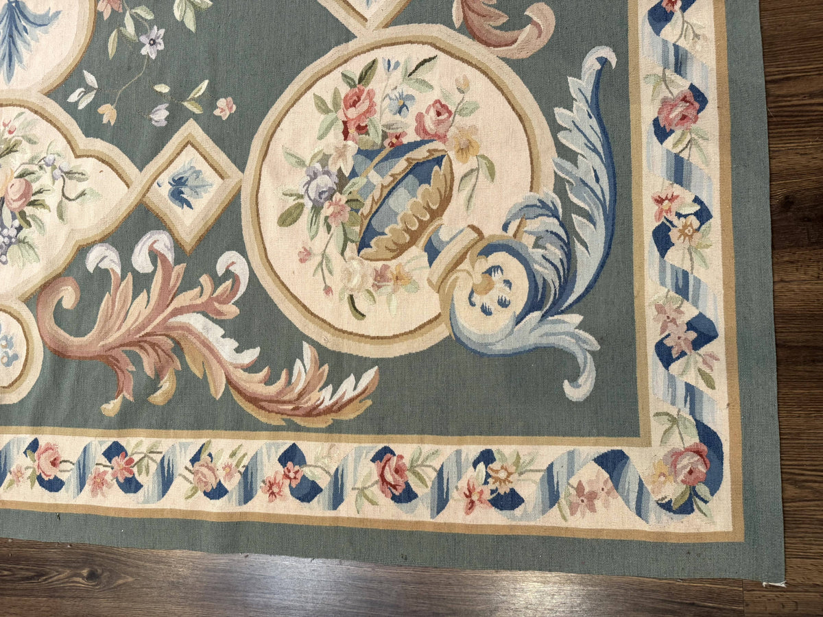 Aubusson Rug 9x12, Muted Sage Green and Cream, European Design - Jewel Rugs, view 10