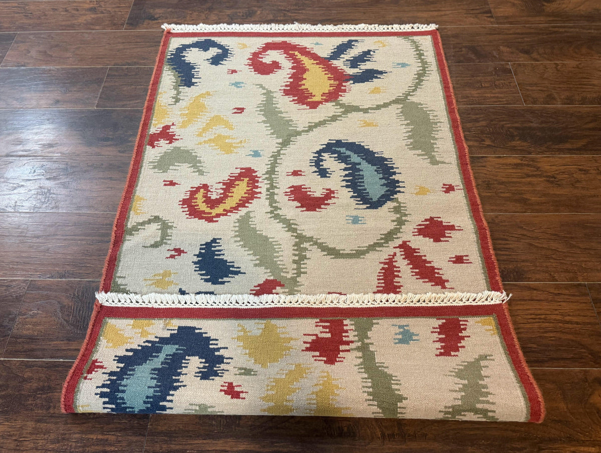 Indian Kilim Flatweave Rug 3x5, Abstract, Beige and Multicolor Flowers, Handmade - Jewel Rugs, view 8