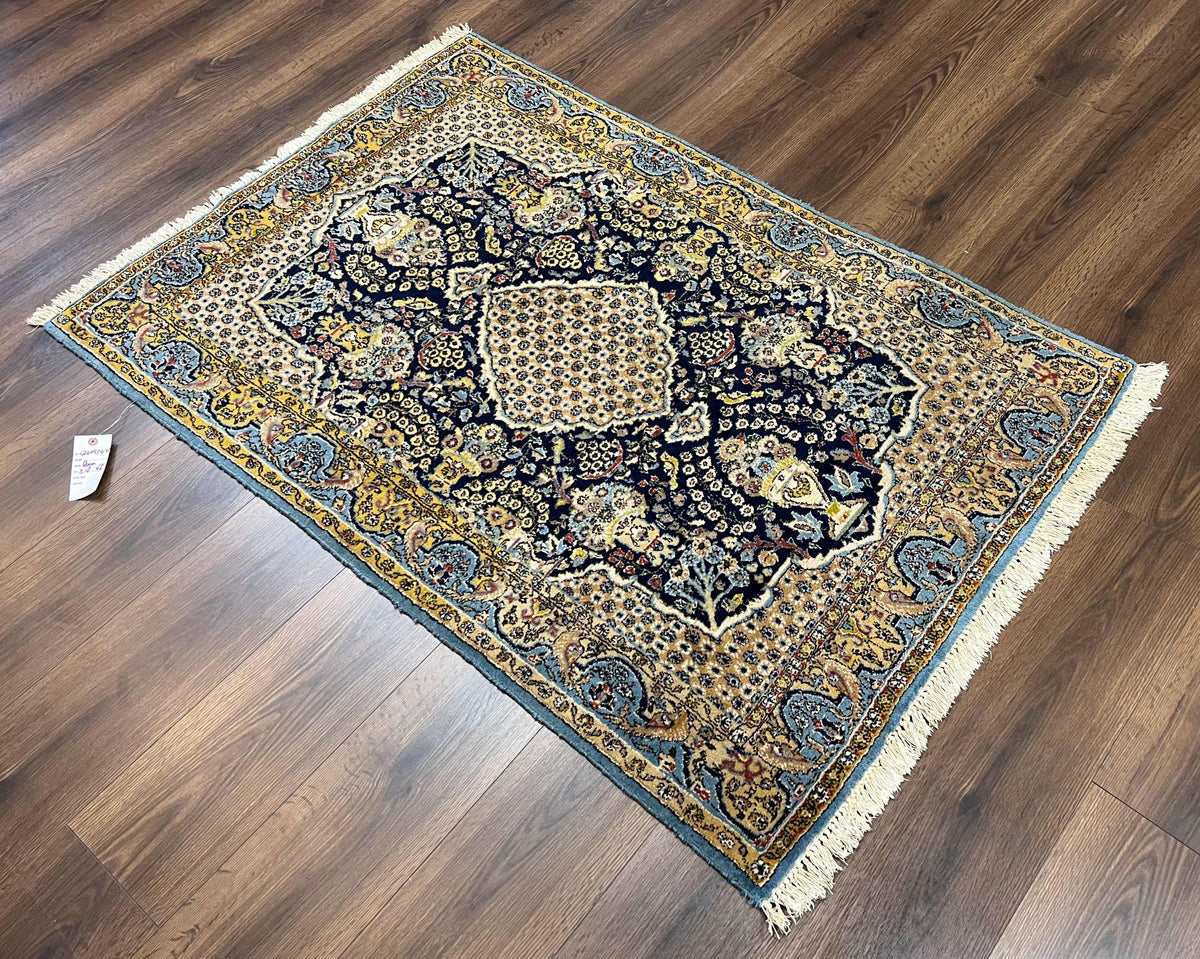 Fine Persian Qum Rug 3x5, Semi Antique Vintage Oriental Ghom Carpet, Floral Medallion, Highly Detailed, Hand Knotted, Navy Blue, Wool Area Rug, Birds - Jewel Rugs, view 13