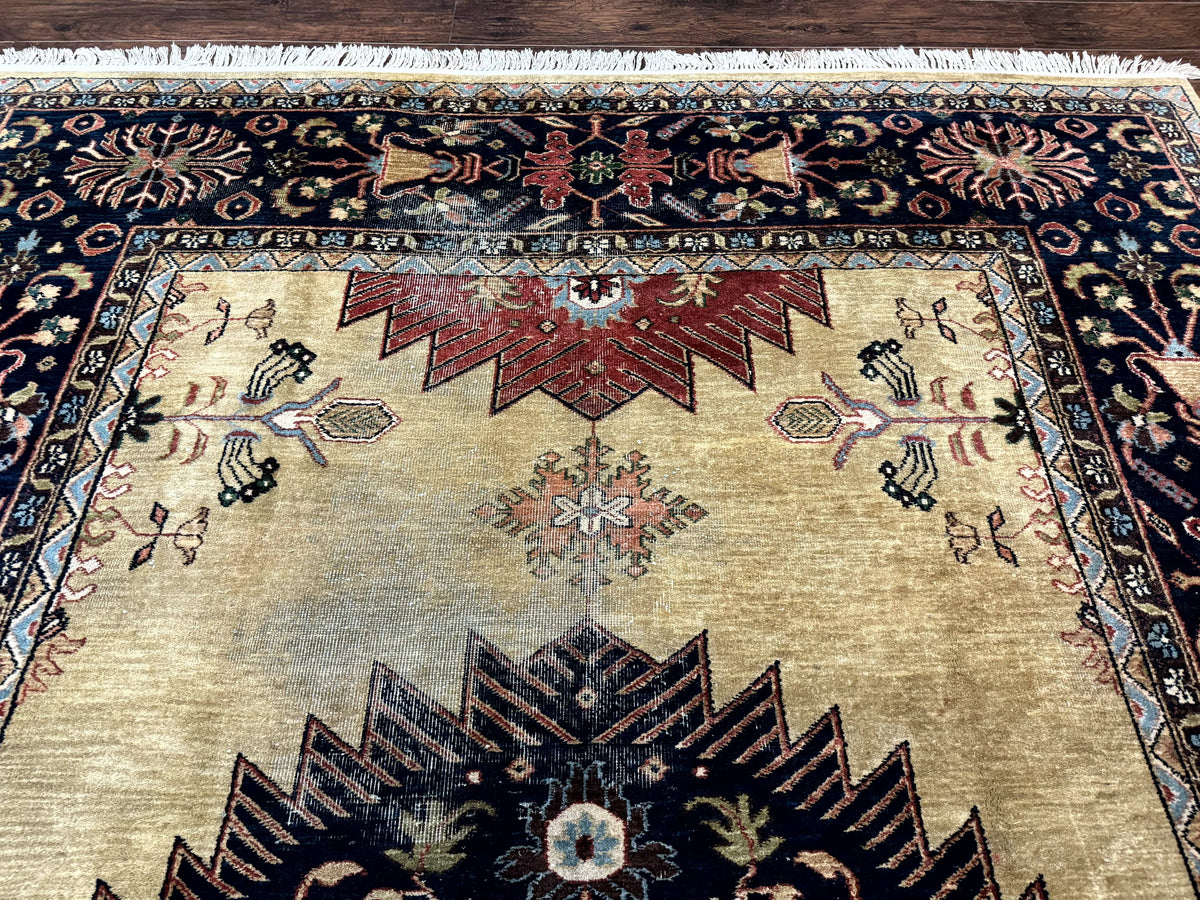 Indo Persian Heriz Rug 8x12, Camel Hair Tan and Navy Blue, Decorative - Jewel Rugs, view 4