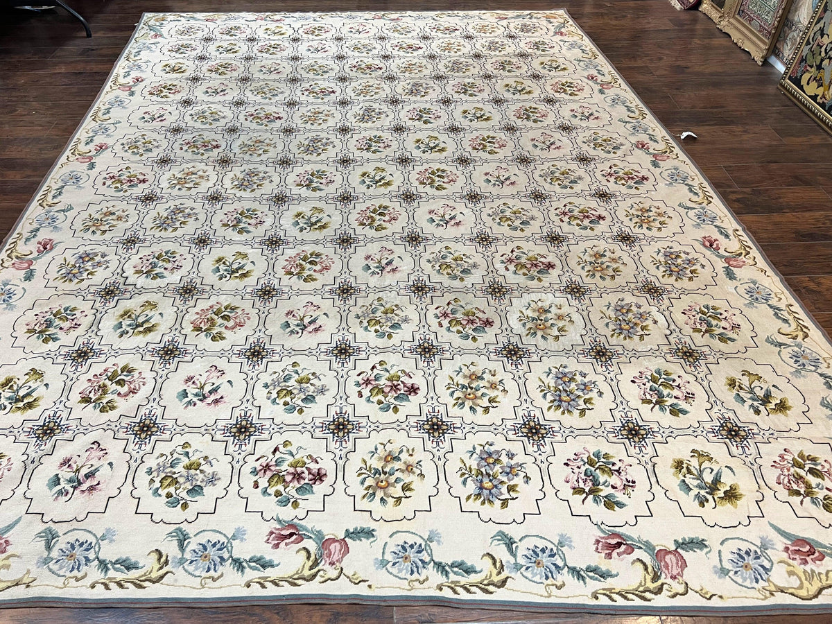 Needlepoint Rug 10x14, Wool Handmade Vintage Needlepoint Carpet, Floral Panel Design, Ivory/Cream - Jewel Rugs, view 2