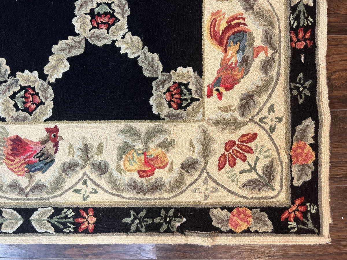 Hooked Rug 5x8, European Aubusson Pattern, Black and Ivory, Roses & Roosters, Vintage Wool Rug - Jewel Rugs, view 10