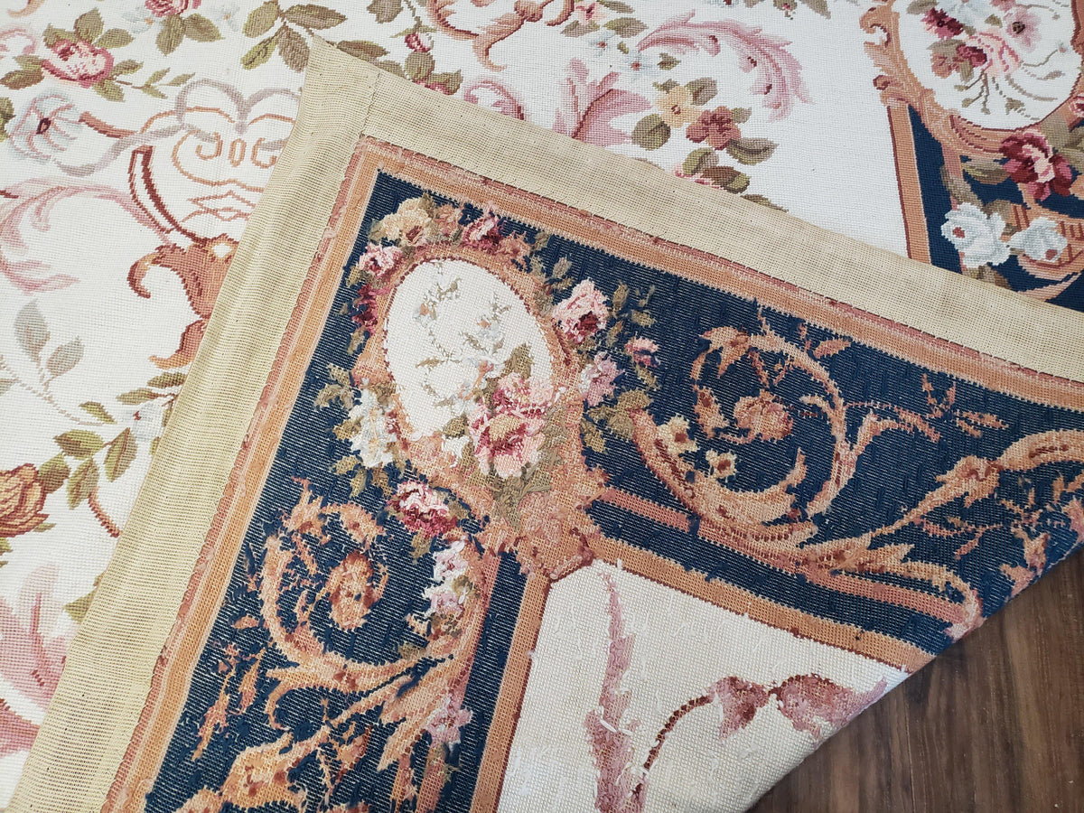 Chinese Aubusson Savonnerie Area Rug 6x8, Vintage Hand-Woven Needlepoint Rug, Flat Weave Handmade Wool Carpet Living Room Ivory & Navy Blue - Jewel Rugs, view 10