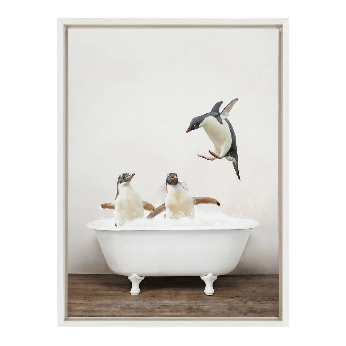 Sylvie Penguins Playing in Rustic Bath Framed Canvas by Amy Peterson Art Studio
