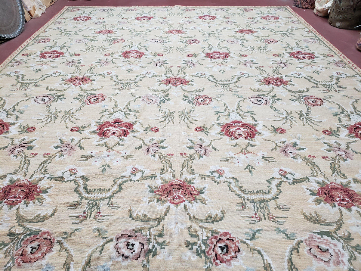 Needlepoint Rug 10x14 Wool Flatweave Carpet, English Floral Pattern, Pale Yellow, Roses, Allover Pattern, Handmade Large Needlepoint Nice - Jewel Rugs, view 4