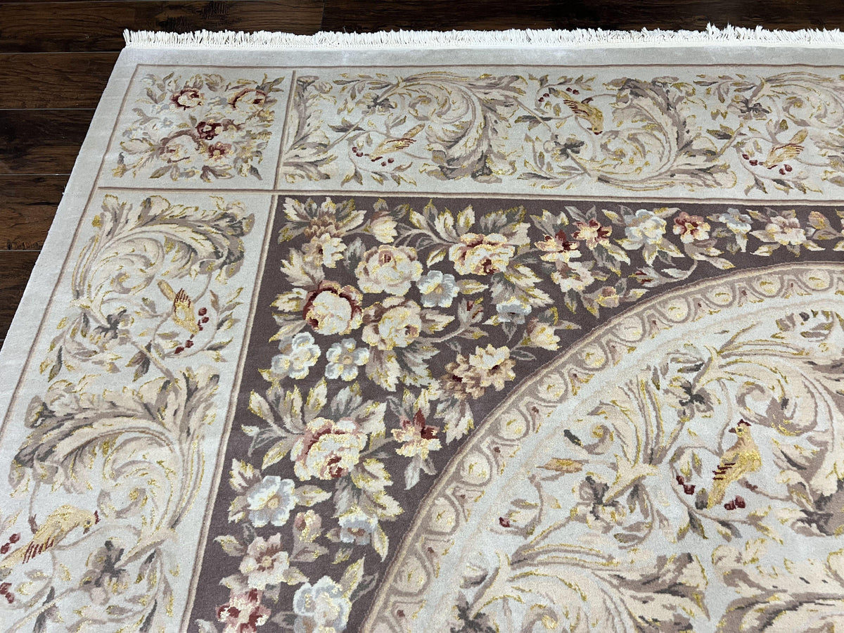 Aubusson Rug 10x14, Wool & Silk Highlights Hand Knotted Vintage Carpet, Birds Flowers, Fine Details, Elegant - Jewel Rugs, view 7