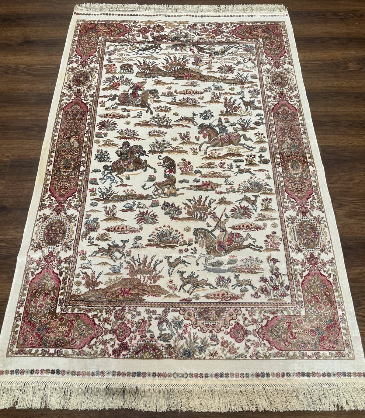 Turkish Silk Hunting Scene Rug 4x6, Ivory, Bamboo Silk, New - Jewel Rugs, view 2