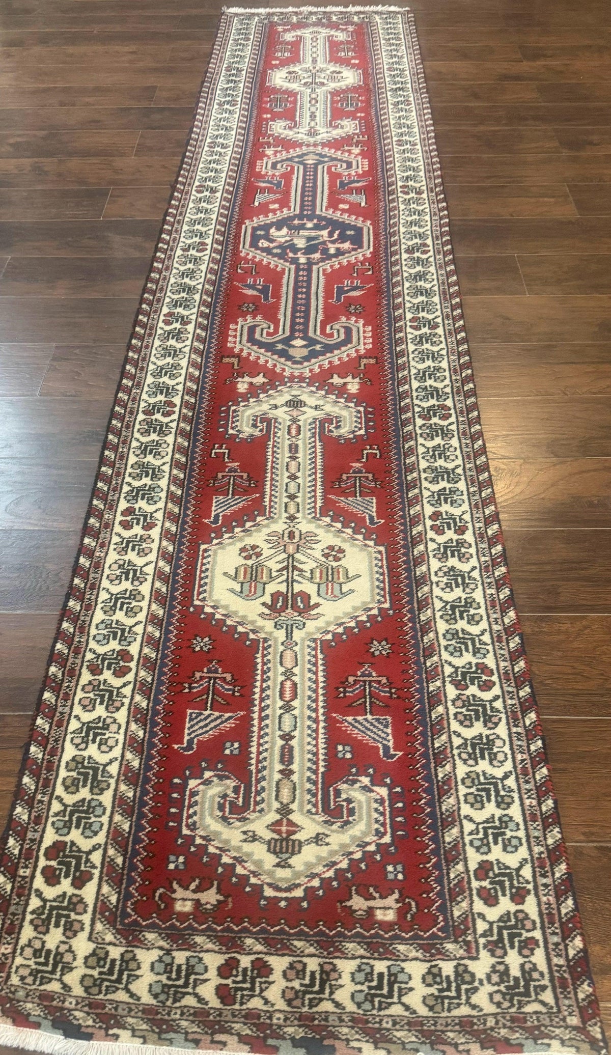 Indo Persian Runner Rug 2.6 x 12, Heriz Geometric Caucasian Design, Animal Pictorials, Tribal Runner Rug, Vintage Handmade Wool Red - Jewel Rugs, view 12