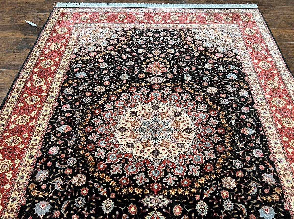 Marvelous Persian Tabriz Rug 7x10 ft, Super Fine 50 Raj, 300+ KPSI, Black and Rust Red, Floral Medallion Handmade Wool Oriental Carpet, Top Quality - Jewel Rugs, view 12