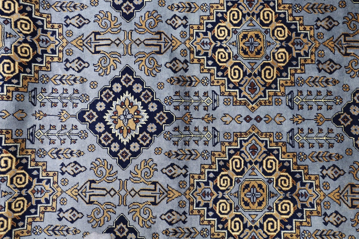 Afghan Rug 7x10 | Gray, Gold & Navy | Hand-Knotted Wool - Rugistan, view 4