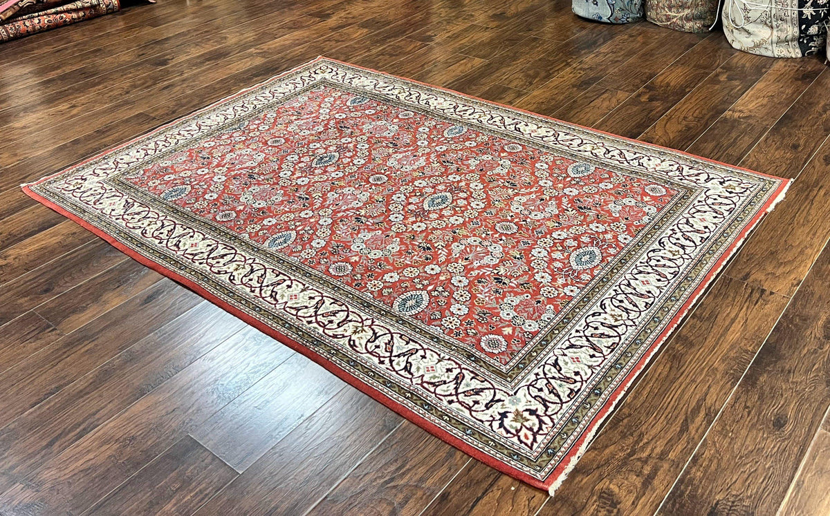 Red Persian Qum Rug 5 x 7.6, Hand Knotted Vintage Wool Fine Carpet 270 KPSI, Floral Allover - Jewel Rugs, view 2