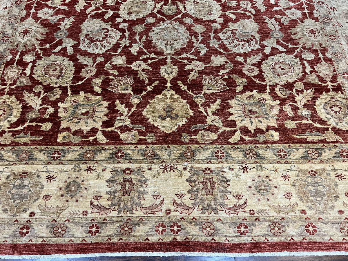 Pak Persian Rug 10x14, Sultanabad Mahal Peshawar Chobi Carpet, Large Vintage Wool Oriental Rug, Maroon & Beige, Floral Allover, Handmade - Jewel Rugs, view 6