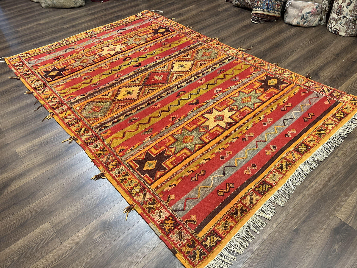 Unique Moroccan Rug 7x10, Room Sized Carpet, Red Orange Gray, Wool Oriental Striped Geometric Tribal Boho Rug, Flatweave with Raised Pile - Jewel Rugs, view 3