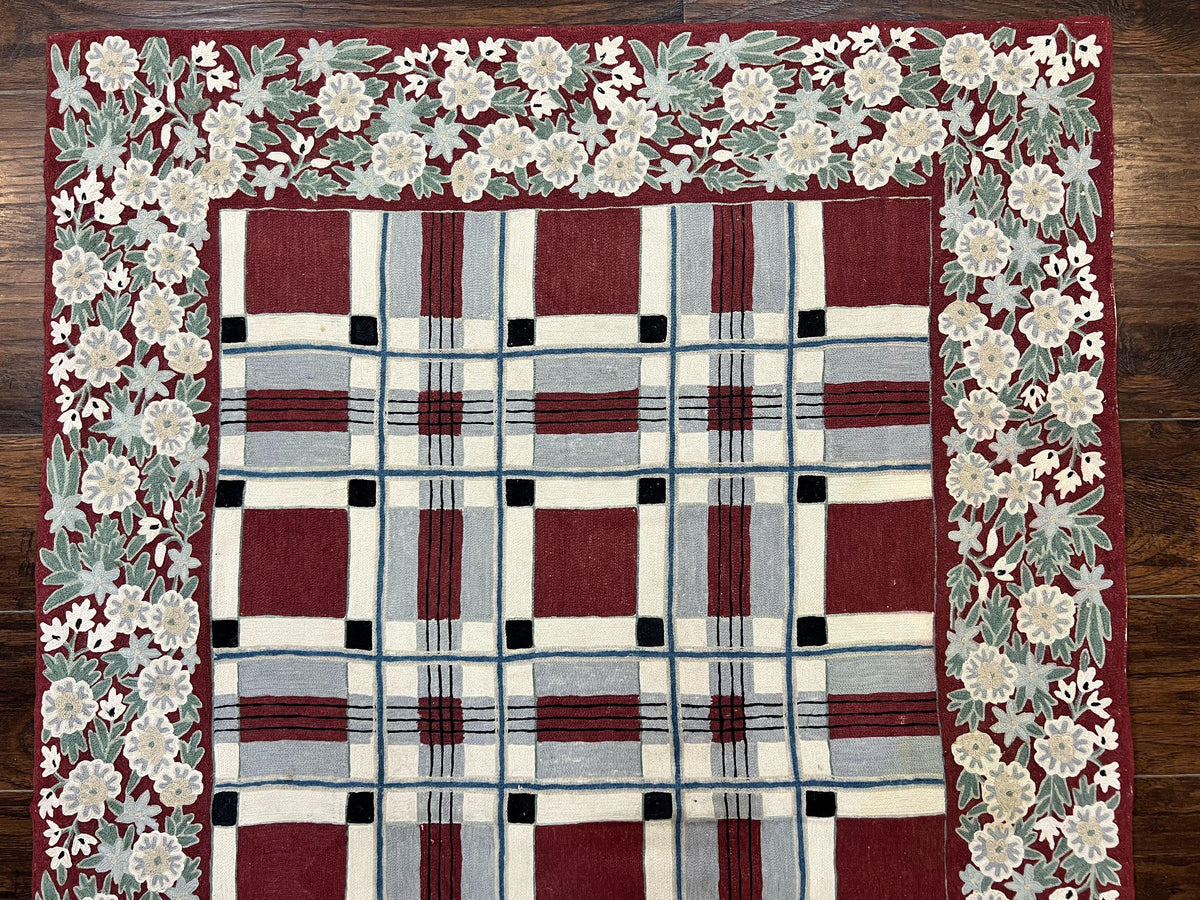 Indian Hand Stitched Rug 4x6, Vintage Carpet, Checkerboard Floral Pattern, Maroon Ivory, Flatweave, Wool - Jewel Rugs, view 4