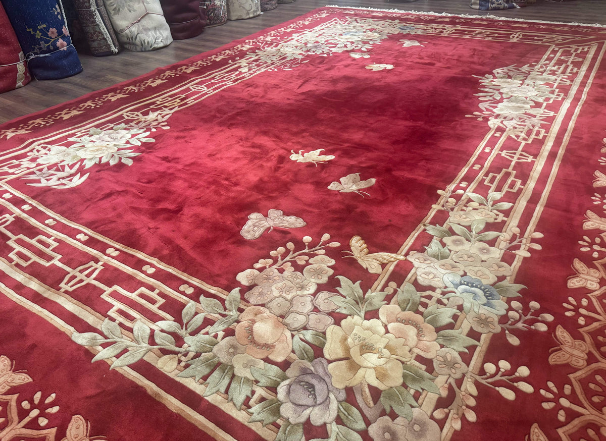 Palace Size Chinese Wool Rug 12x18, Red Art Deco Chinese Carving Carpet, Butterflies Flowers - Jewel Rugs, view 3