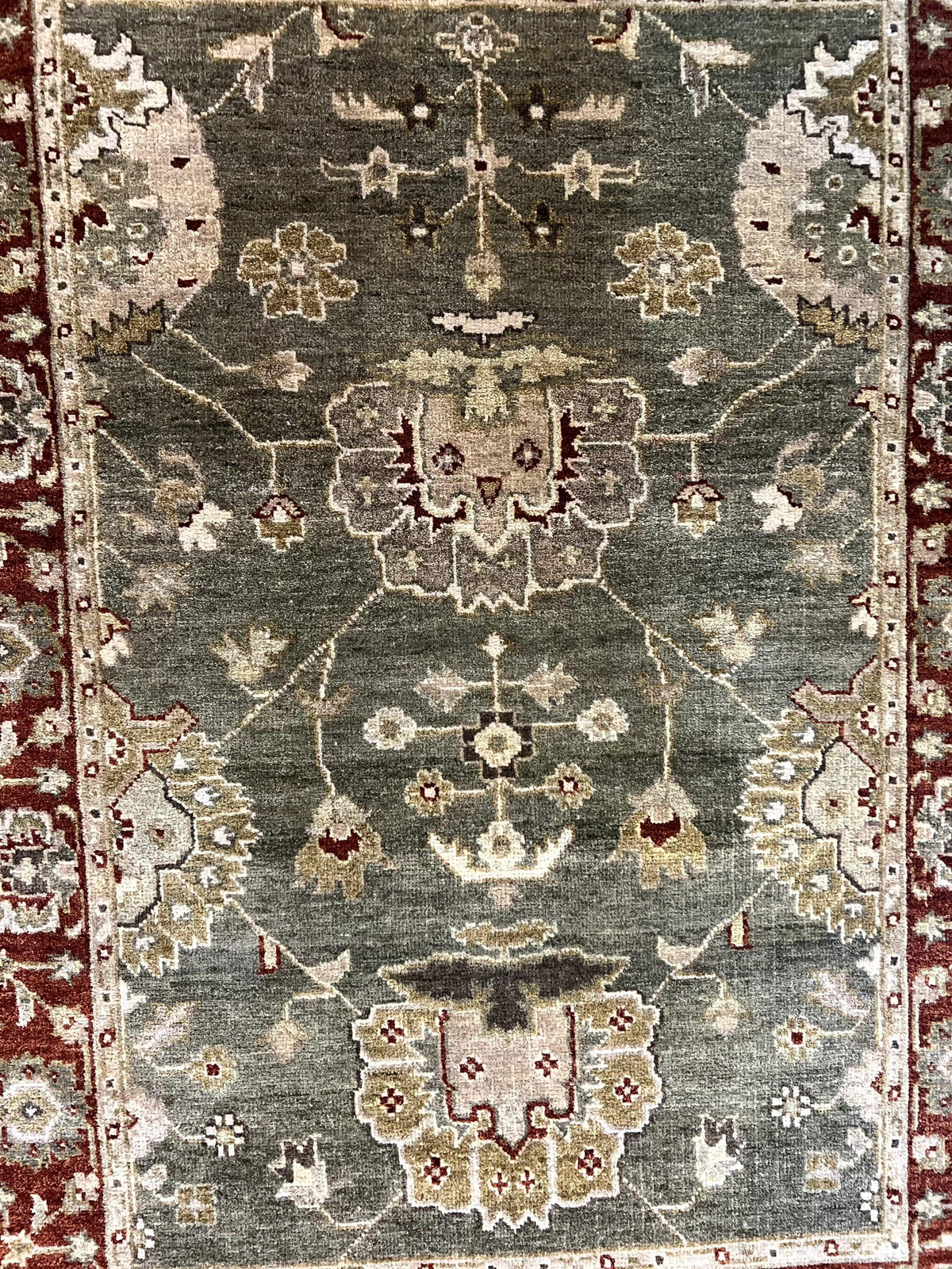 Indo Oushak Rug 4x6, Green and Maroon, Vintage Wool Floral Rug, Indian Agra Rug - Jewel Rugs, view 5