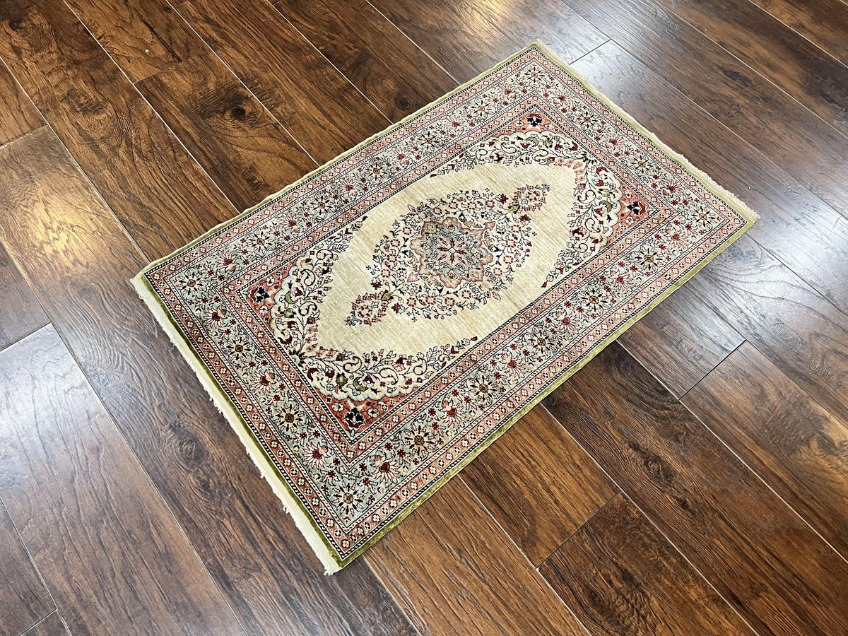 Silk Turkish Kayseri Rug 2x3, Very Finely Hand Knotted, Semi Open Field, Vintage, Silk Pile on Silk Foundation, 300 KPSI - Jewel Rugs, view 3